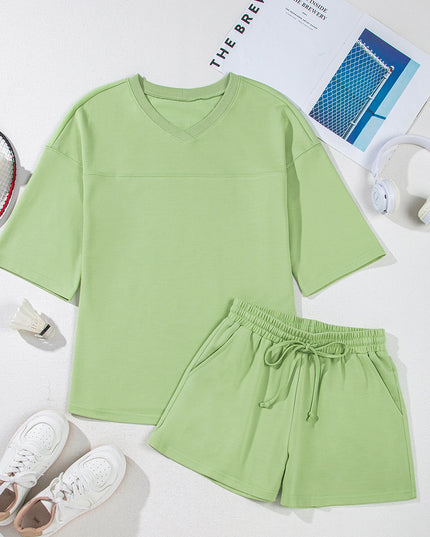 Bonbon Loose V Neck Tee and Drawstring Shorts Set