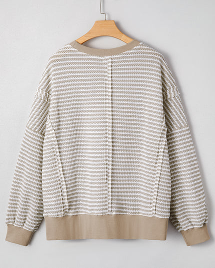 Brown Stripe Ribbed Trim Drop Shoulder Long Sleeve Oversized Top