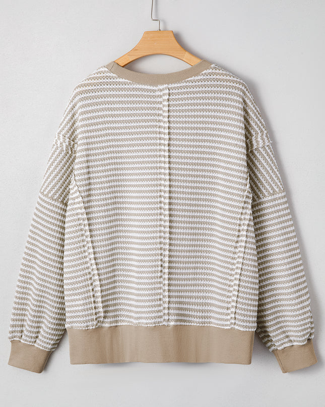 Brown Stripe Ribbed Trim Drop Shoulder Long Sleeve Oversized Top