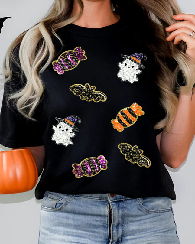 Black Sequined Halloween Spirit Pattern Patched Custom Casual Tee