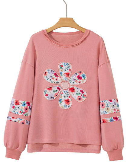 Peach Blossom Flower Applique Patchwork Drop Sleeve Pullover Sweatshirt