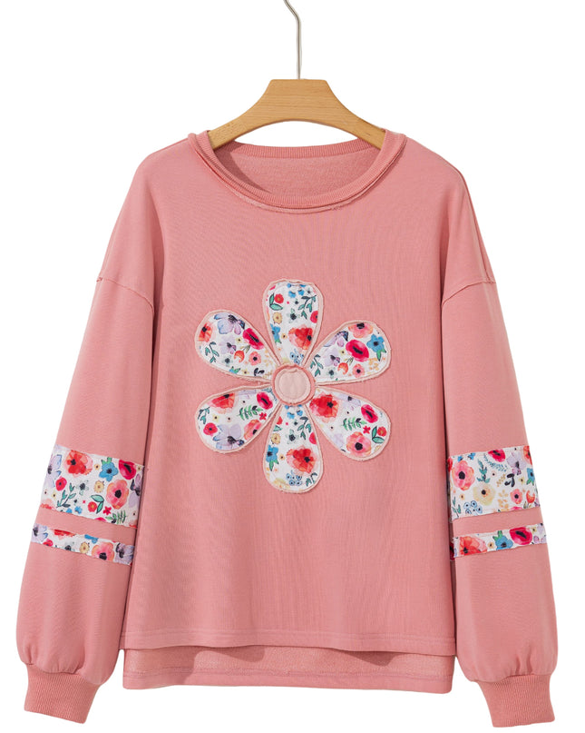 Peach Blossom Flower Applique Patchwork Drop Sleeve Pullover Sweatshirt