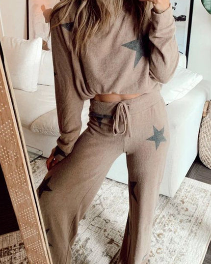 Khaki Retro Star Print Long Sleeve Pullover Drawstring Wide Leg Pajama Set