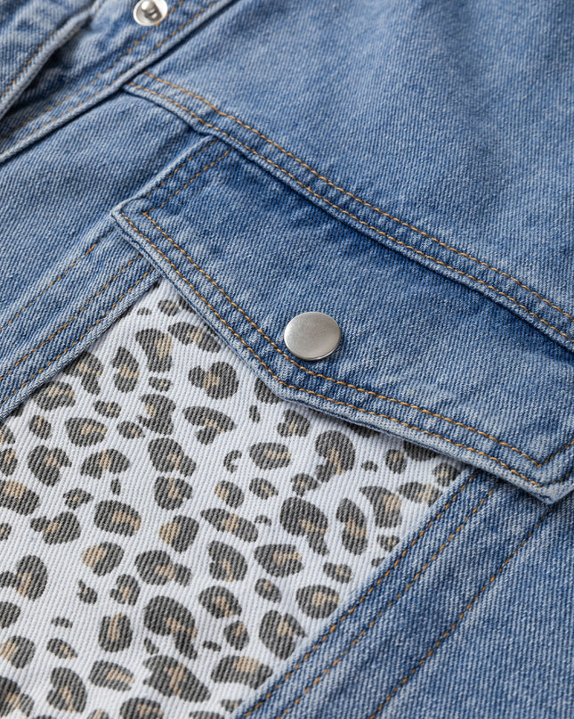 Beau Blue Leopard Patchwork Plus Size Denim Jacket