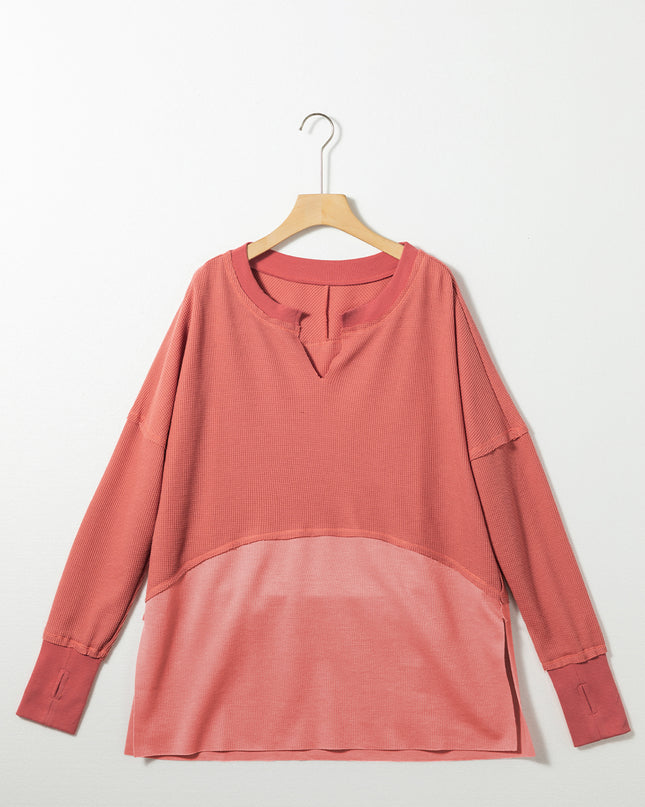 Mineral Red Waffle Knit Patchwork Exposed Seam Long Sleeve Top