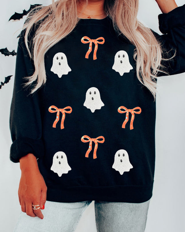 Black Halloween Ghost Bow Sequin Patched Drop Shoulder Sweatshirt