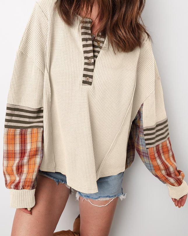Straw Yellow Waffle Stripe Plaid Patchwork Henley Top