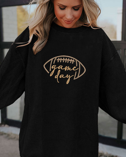 Dark Blue Football Graphic Drop Shoulder Game Day Corded Sweatshirt