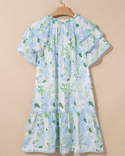 Orange Floral Contrast Edge Ruffle Sleeve Tie Neck Mini Dress