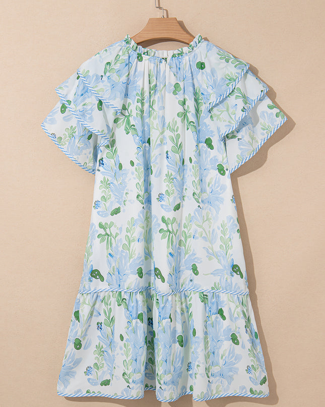 Orange Floral Contrast Edge Ruffle Sleeve Tie Neck Mini Dress