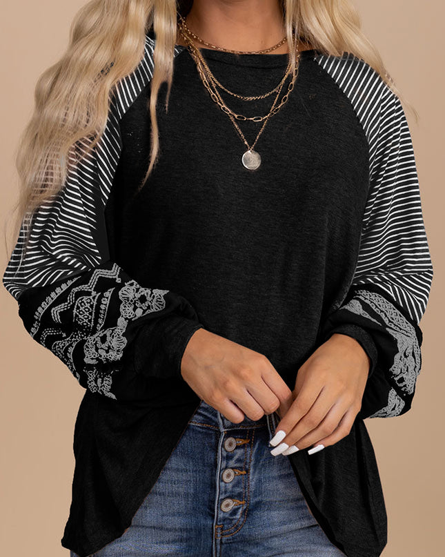 Rose Red Contrast Print Striped Raglan Long Sleeve Loose Top