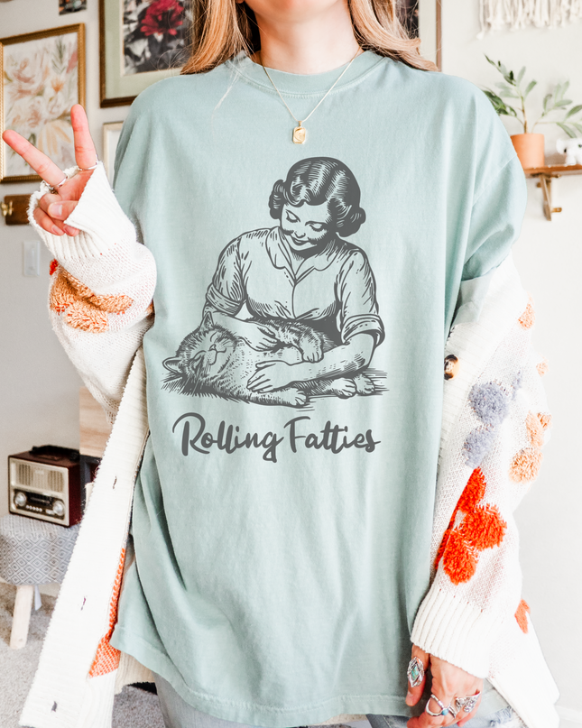 Rolling Fatties Graphic Tee – Funny Retro Cat Oversized T-Shirt