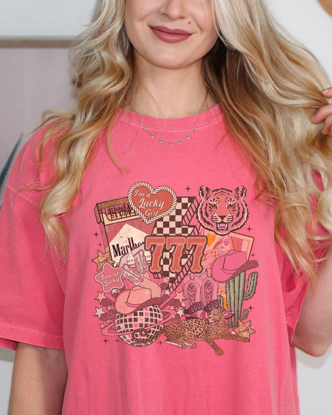Lucky Girl Western Graphic Tee – 777 Cowgirl Vintage Shirt | Multiple Colors | Oversized Fit