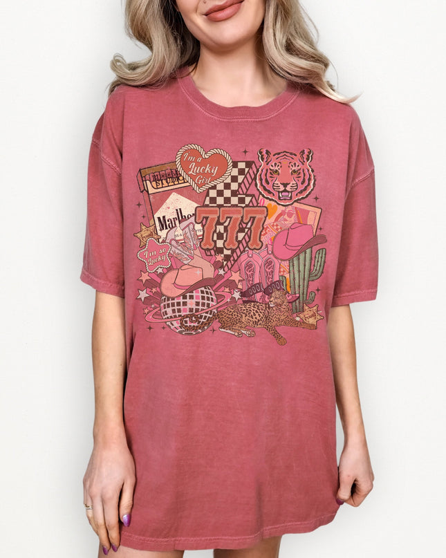 Lucky Girl Western Graphic Tee – 777 Cowgirl Vintage Shirt | Multiple Colors | Oversized Fit