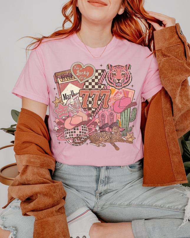 Lucky Girl Western Graphic Tee – 777 Cowgirl Vintage Shirt | Multiple Colors | Oversized Fit