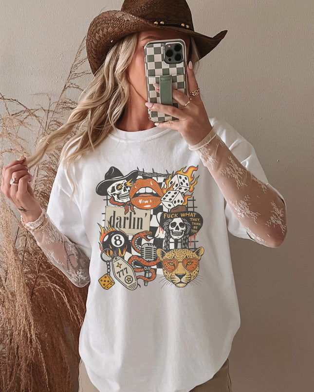 Western Graphic Tee – Darlin’ Rebel Vintage Rock Shirt | Edgy Cowgirl Style | Multiple Colors | Oversized Fit