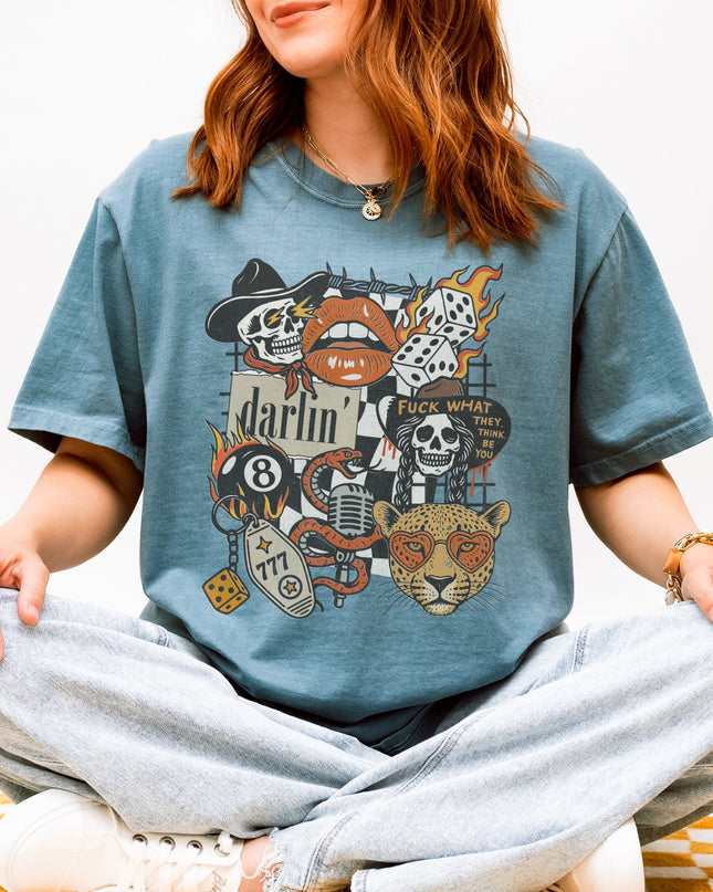 Western Graphic Tee – Darlin’ Rebel Vintage Rock Shirt | Edgy Cowgirl Style | Multiple Colors | Oversized Fit