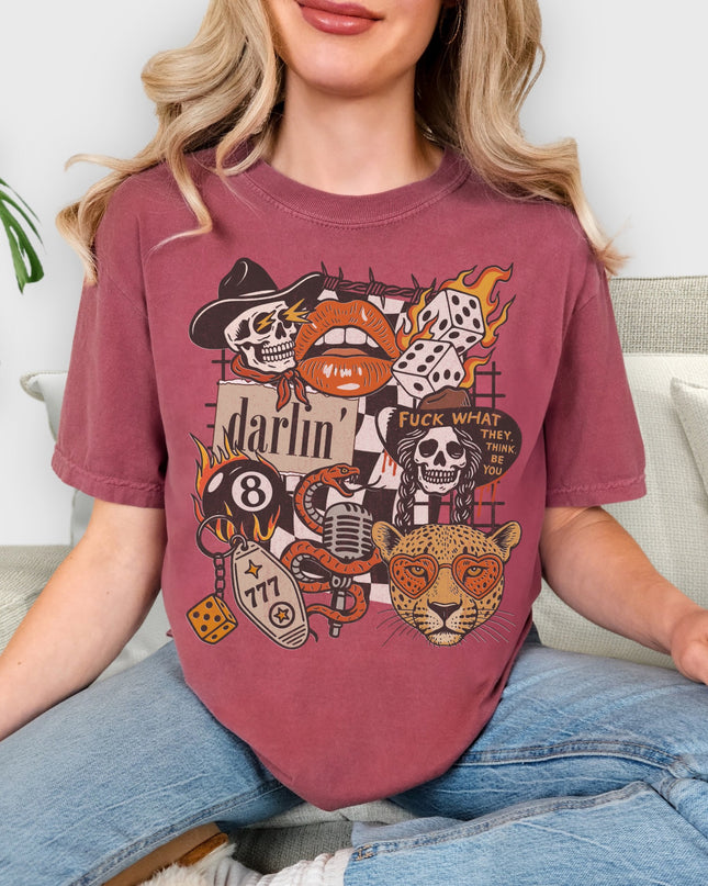 Western Graphic Tee – Darlin’ Rebel Vintage Rock Shirt | Edgy Cowgirl Style | Multiple Colors | Oversized Fit