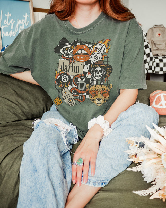 Western Graphic Tee – Darlin’ Rebel Vintage Rock Shirt | Edgy Cowgirl Style | Multiple Colors | Oversized Fit