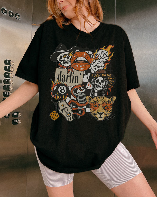 Western Graphic Tee – Darlin’ Rebel Vintage Rock Shirt | Edgy Cowgirl Style | Multiple Colors | Oversized Fit