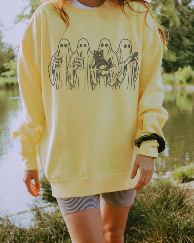 Ghost Squad Halloween Sweatshirt – Cute Coffee & Cat Spooky Crewneck
