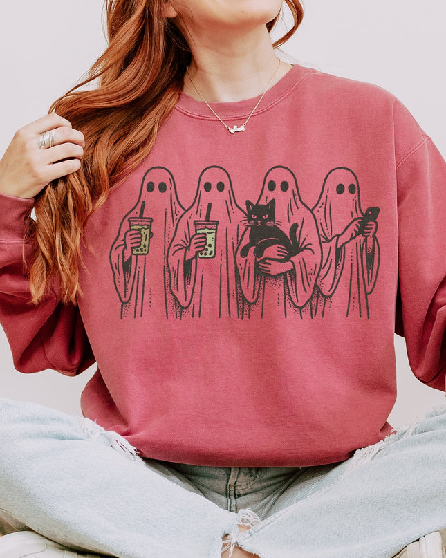 Ghost Squad Halloween Sweatshirt – Cute Coffee & Cat Spooky Crewneck