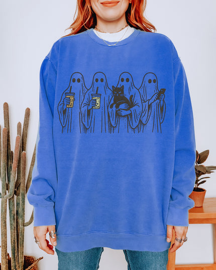 Ghost Squad Halloween Sweatshirt – Cute Coffee & Cat Spooky Crewneck