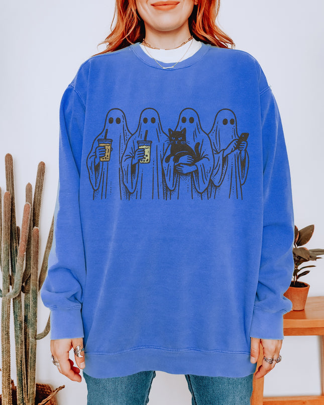 Ghost Squad Halloween Sweatshirt – Cute Coffee & Cat Spooky Crewneck