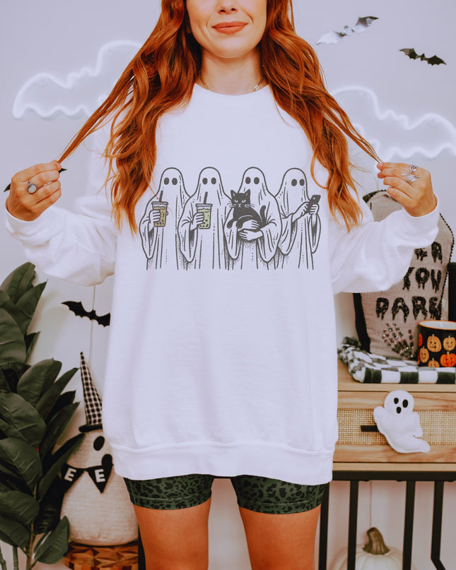 Ghost Squad Halloween Sweatshirt – Cute Coffee & Cat Spooky Crewneck