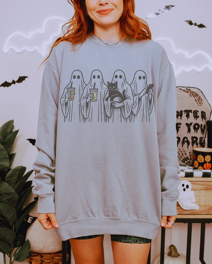 Ghost Squad Halloween Sweatshirt – Cute Coffee & Cat Spooky Crewneck