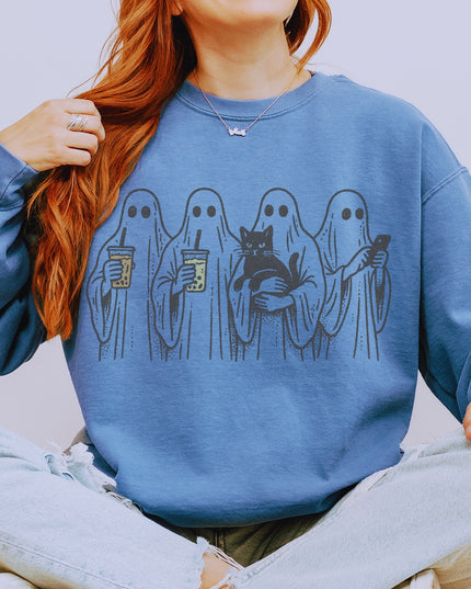 Ghost Squad Halloween Sweatshirt – Cute Coffee & Cat Spooky Crewneck