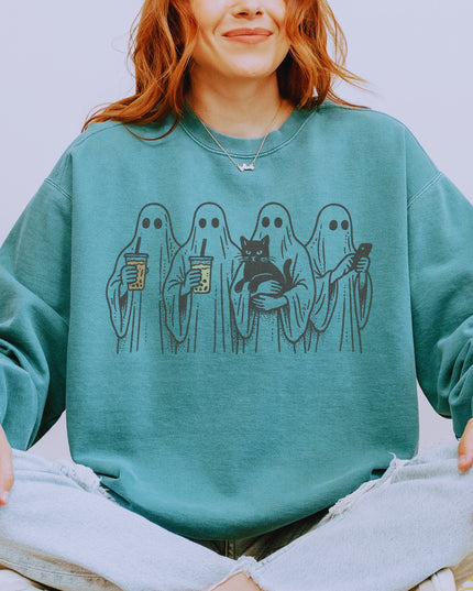 Ghost Squad Halloween Sweatshirt – Cute Coffee & Cat Spooky Crewneck