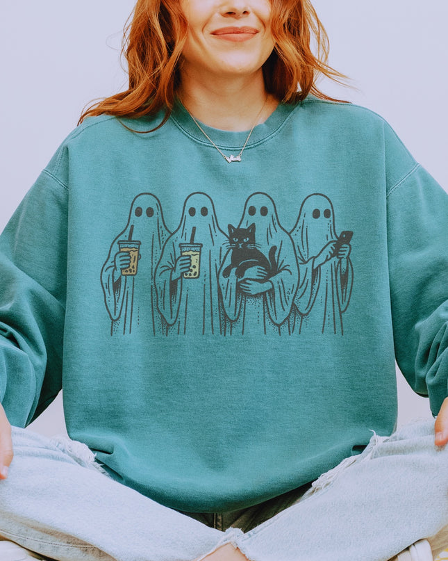 Ghost Squad Halloween Sweatshirt – Cute Coffee & Cat Spooky Crewneck