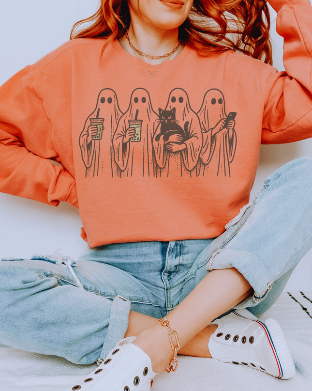 Ghost Squad Halloween Sweatshirt – Cute Coffee & Cat Spooky Crewneck