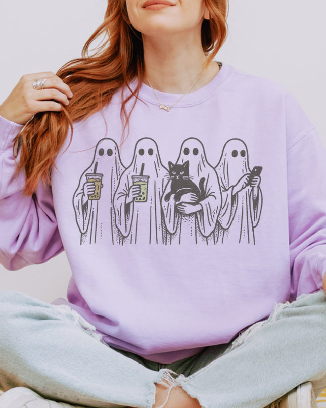 Ghost Squad Halloween Sweatshirt – Cute Coffee & Cat Spooky Crewneck
