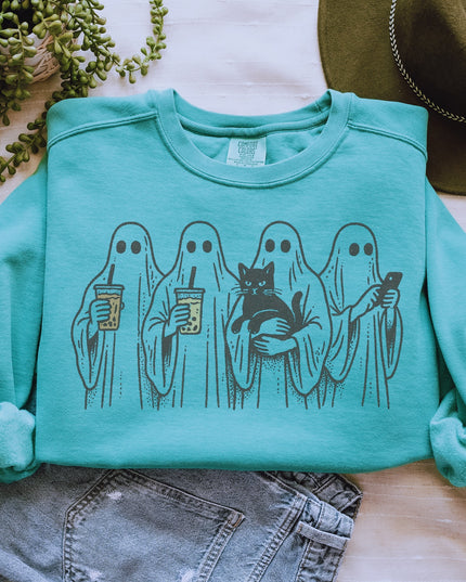 Ghost Squad Halloween Sweatshirt – Cute Coffee & Cat Spooky Crewneck