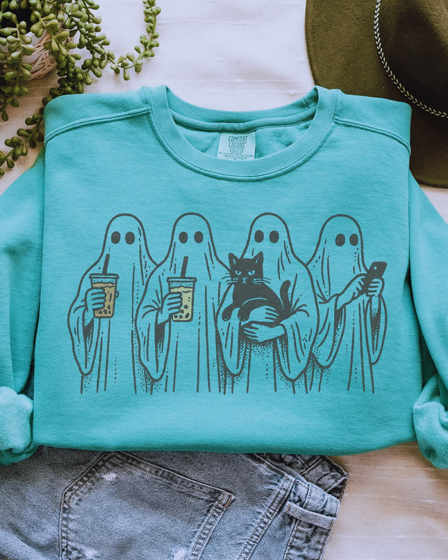 Ghost Squad Halloween Sweatshirt – Cute Coffee & Cat Spooky Crewneck