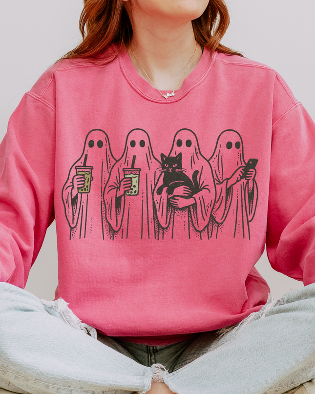 Ghost Squad Halloween Sweatshirt – Cute Coffee & Cat Spooky Crewneck