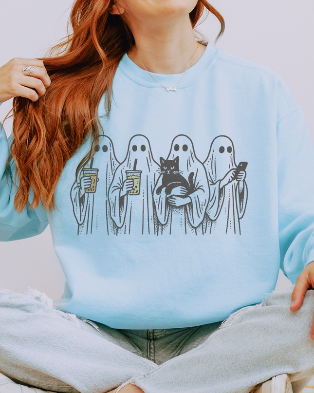 Ghost Squad Halloween Sweatshirt – Cute Coffee & Cat Spooky Crewneck