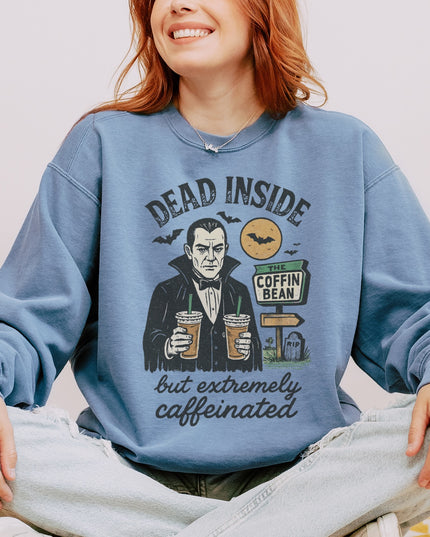 Dead Inside But Extremely Caffeinated Halloween Sweatshirt – Funny Vampire Coffee Crewneck