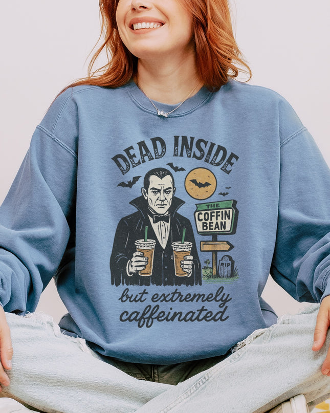 Dead Inside But Extremely Caffeinated Halloween Sweatshirt – Funny Vampire Coffee Crewneck