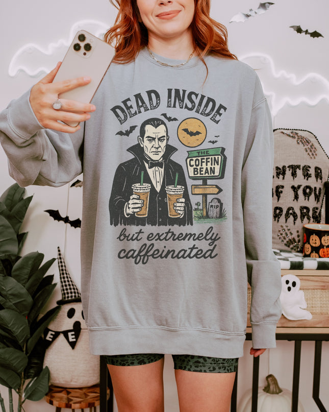 Dead Inside But Extremely Caffeinated Halloween Sweatshirt – Funny Vampire Coffee Crewneck