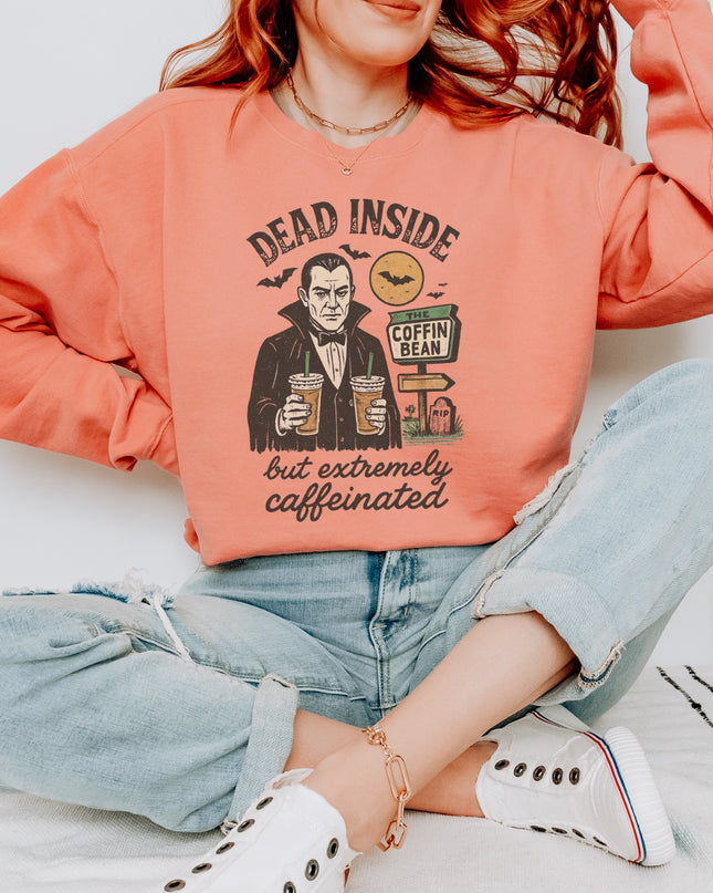 Dead Inside But Extremely Caffeinated Halloween Sweatshirt – Funny Vampire Coffee Crewneck