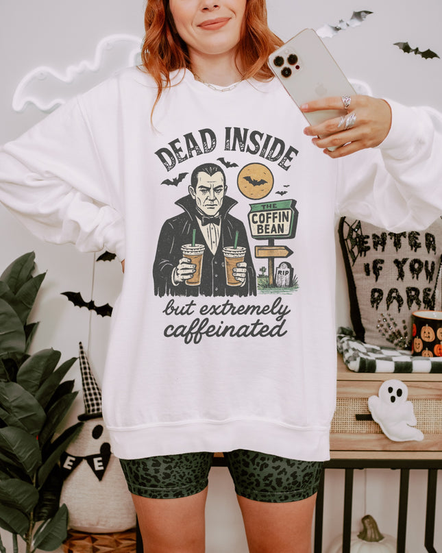 Dead Inside But Extremely Caffeinated Halloween Sweatshirt – Funny Vampire Coffee Crewneck