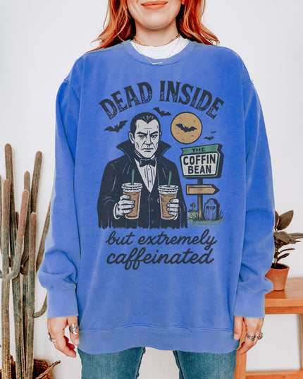 Dead Inside But Extremely Caffeinated Halloween Sweatshirt – Funny Vampire Coffee Crewneck