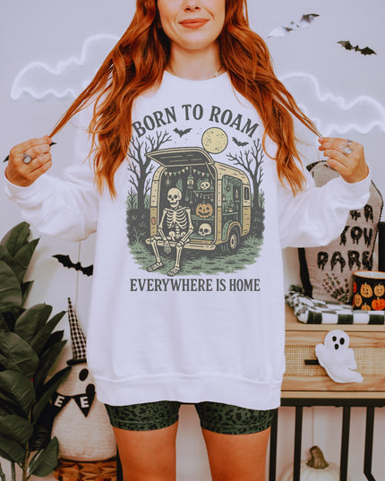Born to Roam Halloween Sweatshirt – Skeleton Camper Van Spooky Cozy Crewneck