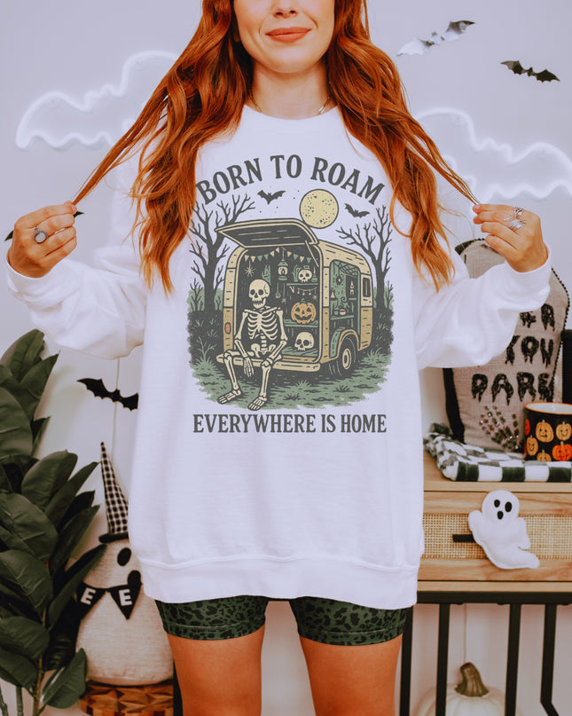 Born to Roam Halloween Sweatshirt – Skeleton Camper Van Spooky Cozy Crewneck