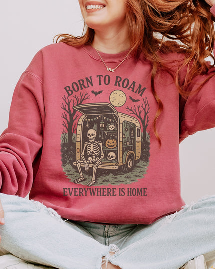 Born to Roam Halloween Sweatshirt – Skeleton Camper Van Spooky Cozy Crewneck