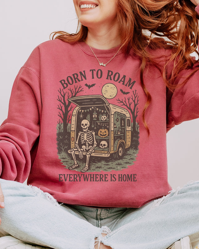 Born to Roam Halloween Sweatshirt – Skeleton Camper Van Spooky Cozy Crewneck