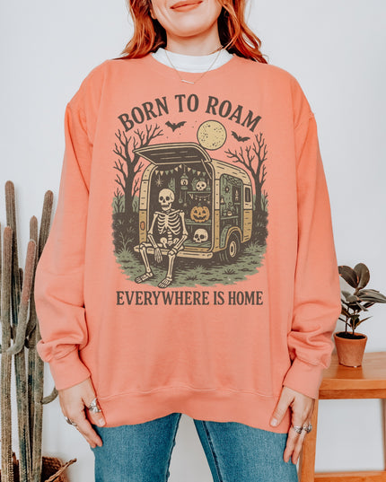 Born to Roam Halloween Sweatshirt – Skeleton Camper Van Spooky Cozy Crewneck